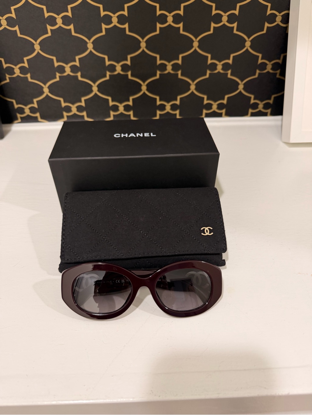 Chanel Women's Dark Burgundy Oval Sunglasses With Black Quilted Case